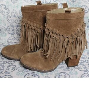 Sbicca Vintage Collection Womens Suede Fringe Stacked Heel Ankle Boot Size 7